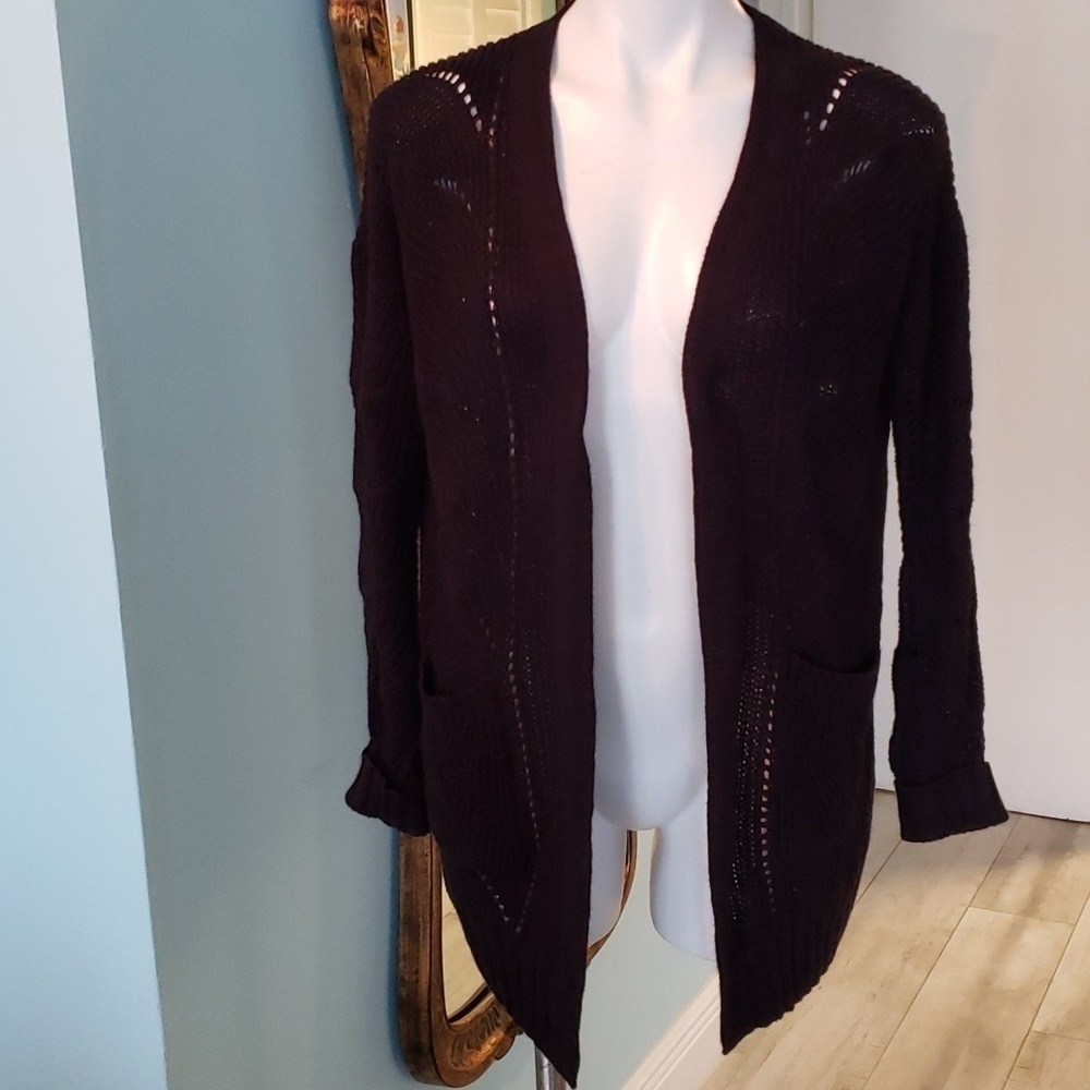 POINTELLE OPEN FRONT CARDIGAN WITH POCKETS Black